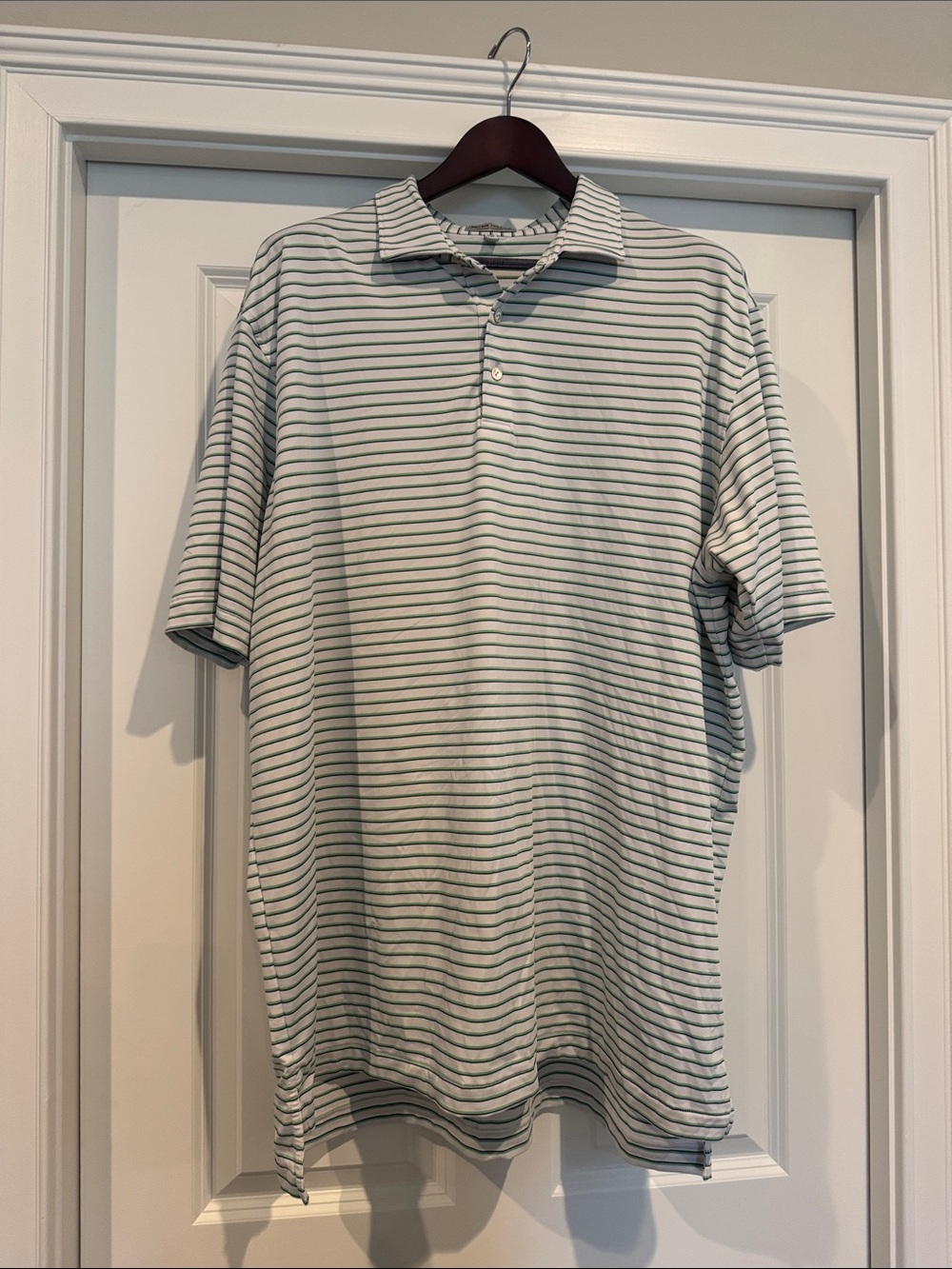 Peter Millar Men's White With Navy and Green Striped Polo Shirt